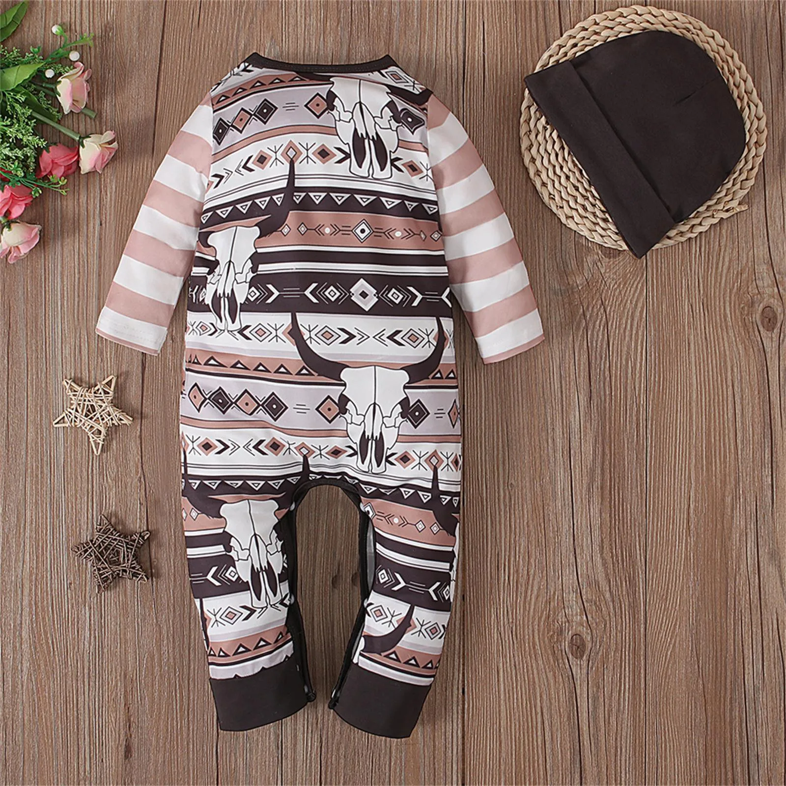 0-12months Newborn Baby Jumpsuit Long Sleeve Cow Horse Print Zipped Romper For Infant Boys And Girls West Style Cowboy Playsuit