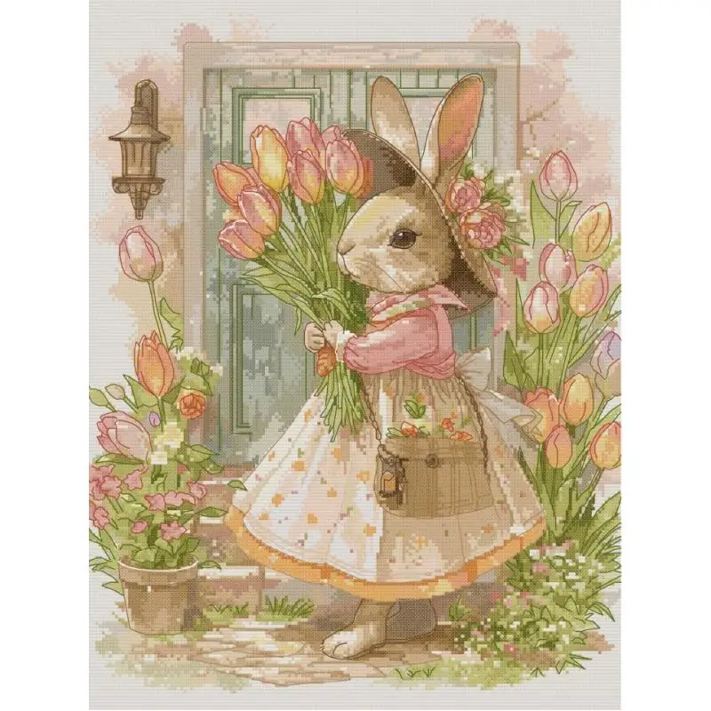 Tulips and Rabbits Cartoon Animal Patterns Cross Stitch Embroidery 14 16 11ct Canvas Printed Fabric Needle and Thread Sewing Set