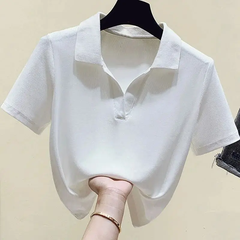 Women Clothing 2024 Summer Korean Fashion Ice Silk Short Sleeve Polo T-shirt Female Simple Casual Solid Color Slim Pullover Tops