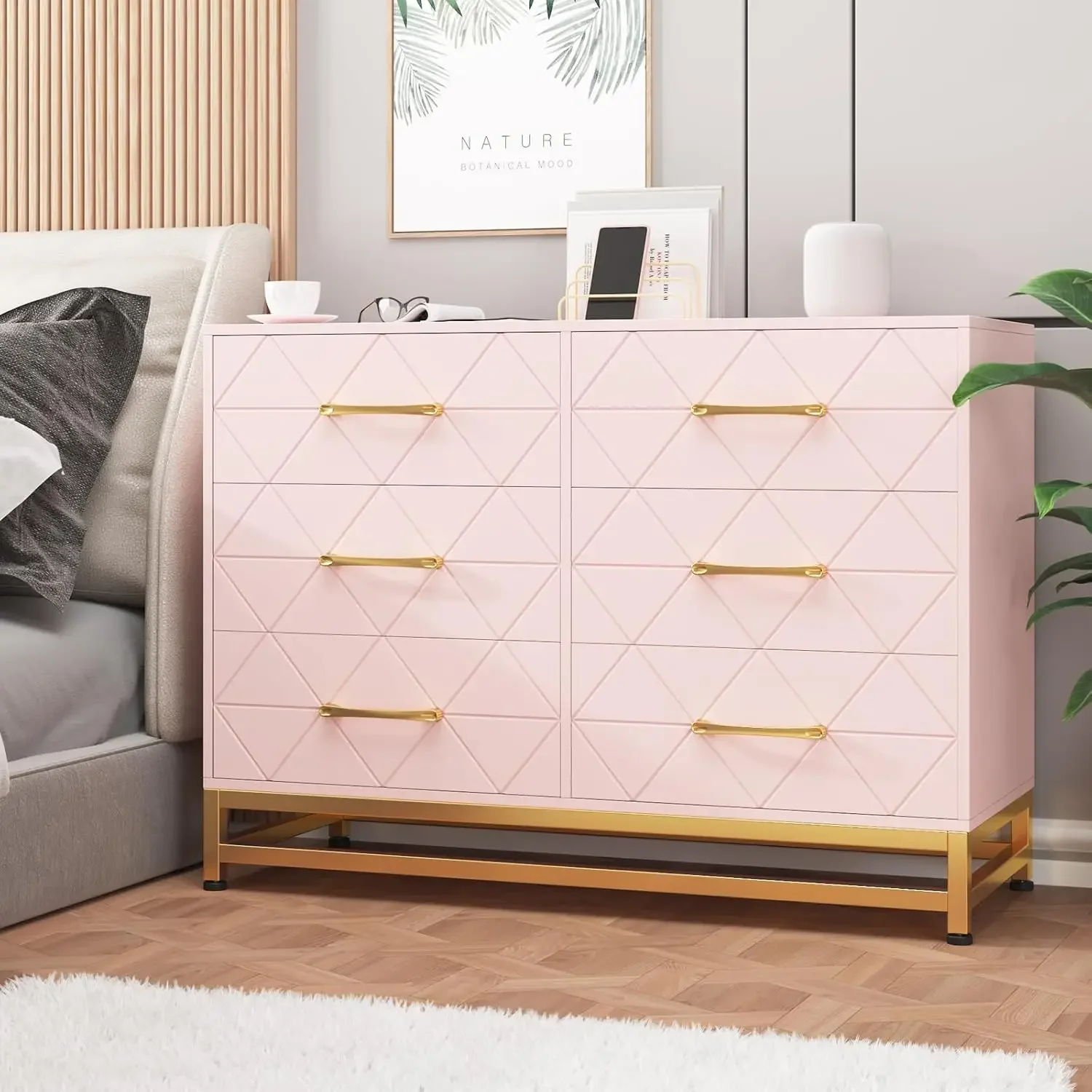 Pink Wood Dresser for Closet, TV Stand, Morden Chest of Drawers for Bedroom, Living Room, Hallway, Nursery