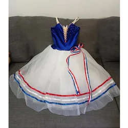 Vestido romántico de Ballet personalizado para niña, Top azul real de llama de París, tul blanco para actuación de competición, envío directo