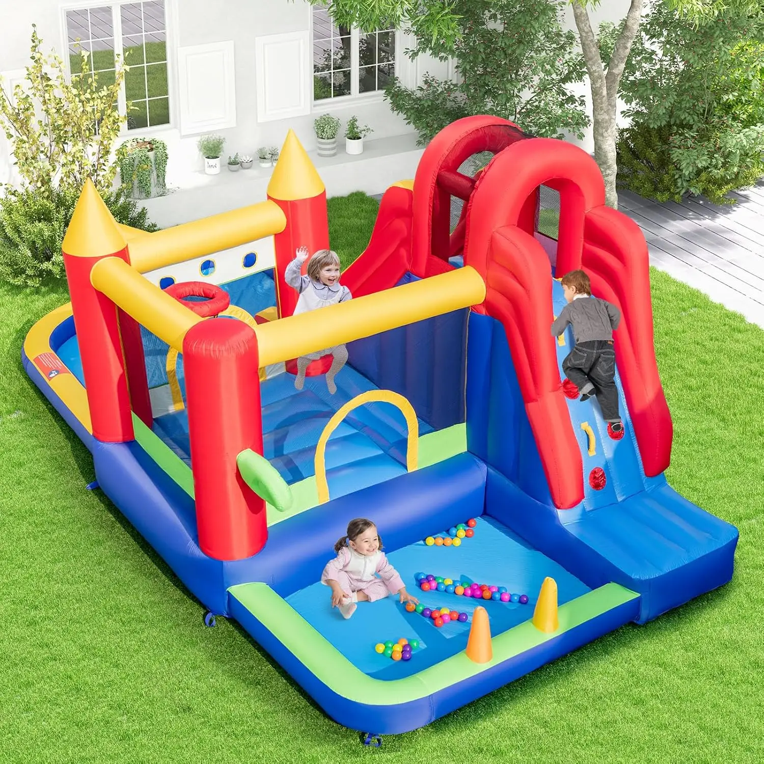 Nadmuchiwana zjeżdżalnia wodna, Mega Park wodny Bounce House zjeżdżalnia wodna Combo do zabawy na świeżym powietrzu w/750W dmuchawa, brodzik, wysadzenie W powietrze