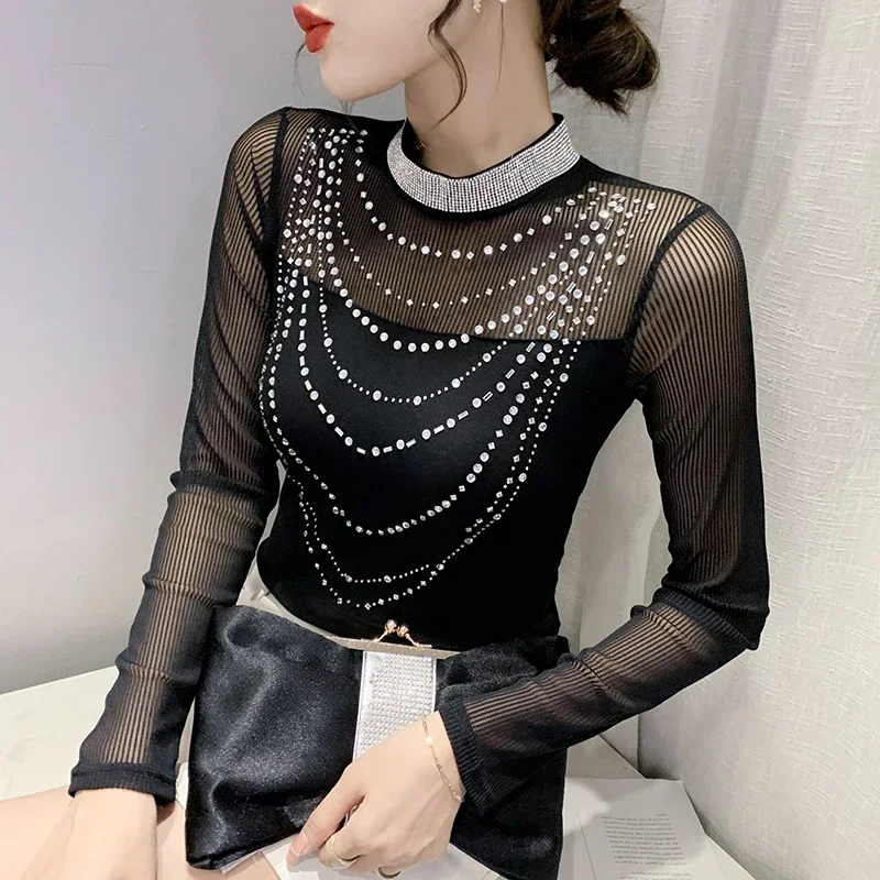 

2024 Spring Autumn New Long-Sleeved Stand-up Collar Bottoming Shirt Fashion Stitching Mesh Hot Drilling T-Shirt Tops V46
