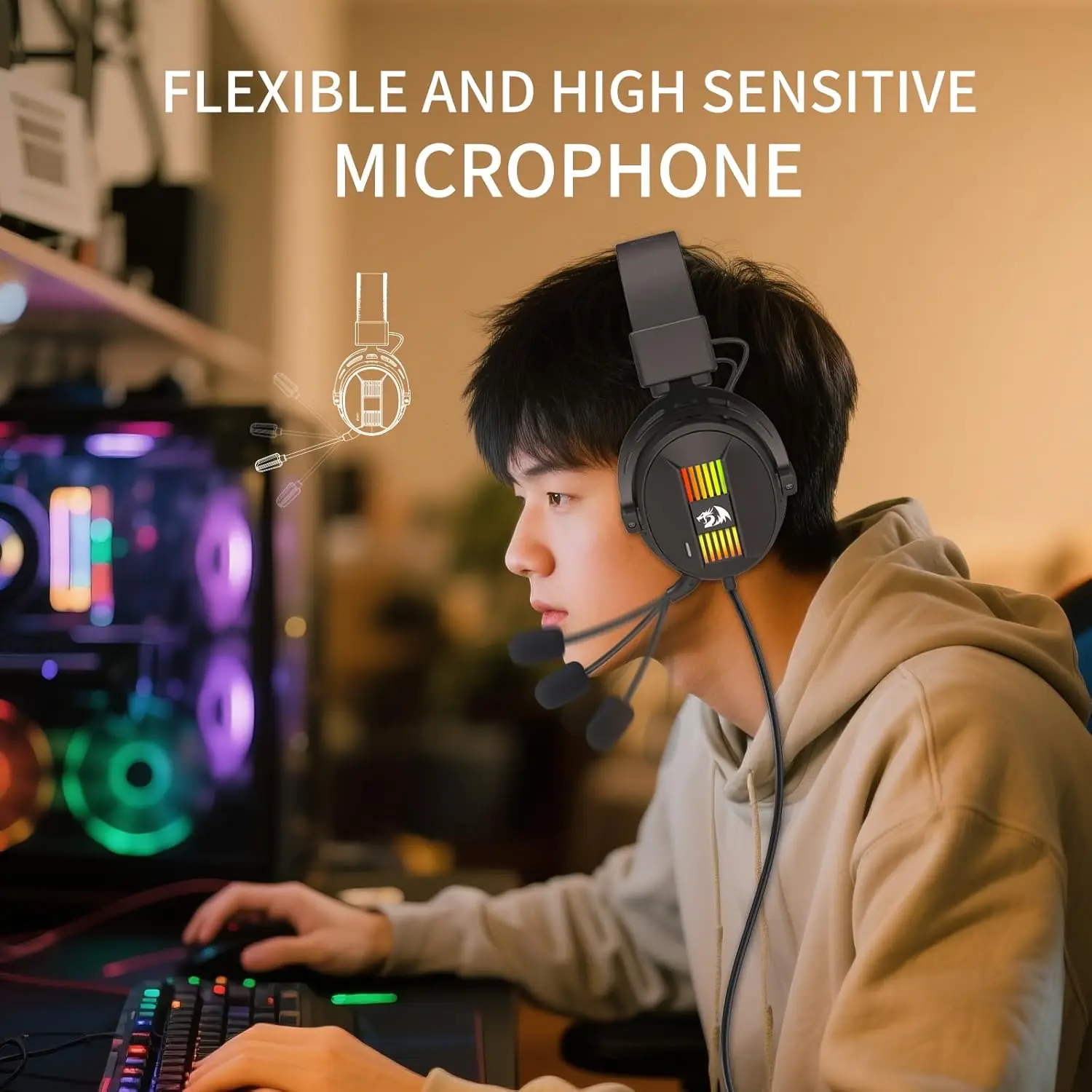 Redragon H375 Wired Gaming Headset, 53mm Drivers 7.1 Surround Sound, Detachable Noise Cancelling Mic, USB Computer Headset