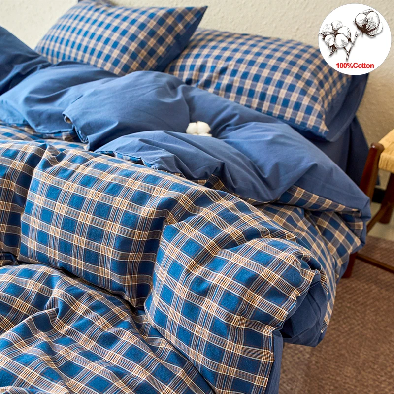 Plaid 100% Washed Cotton Bedding Set 3 Pieces, Navy Duvet Cover Set 1 Duvet Cover + 2 Pillowcases All Season Breathable Bedding