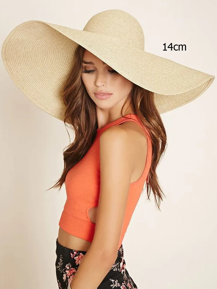 Sommer Einfarbig Mode Rhinestone14cm Übergroßen Sonnenhut Damen Strand Sonnencreme Stroh Hut Reise Faltbare Uv Panama Großhandel – Detail 2