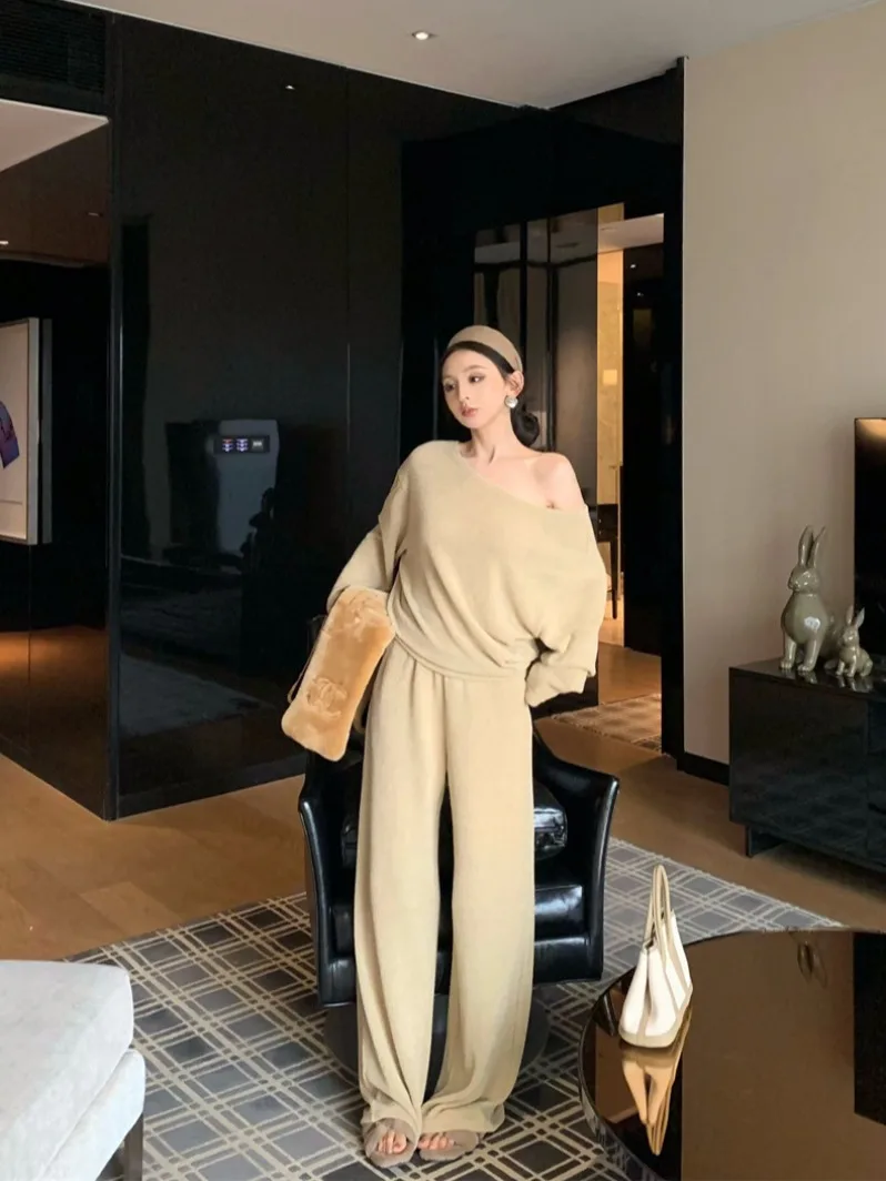 

Ladies' Casual Knitted Long Sleeve off Shoulder Draped Waist Wide Leg Pants Two Piece Set Spring Fashion Comfortable Leisure ...