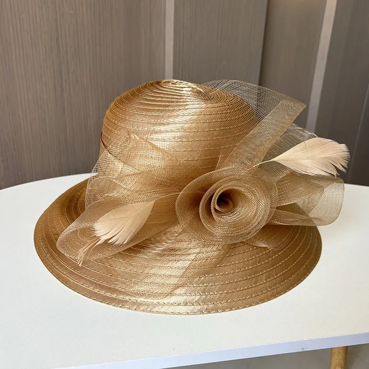 Elegant fashion mesh flower basin hat Retro dome fashion banquet top hat Ladies summer sun hat with sun protection