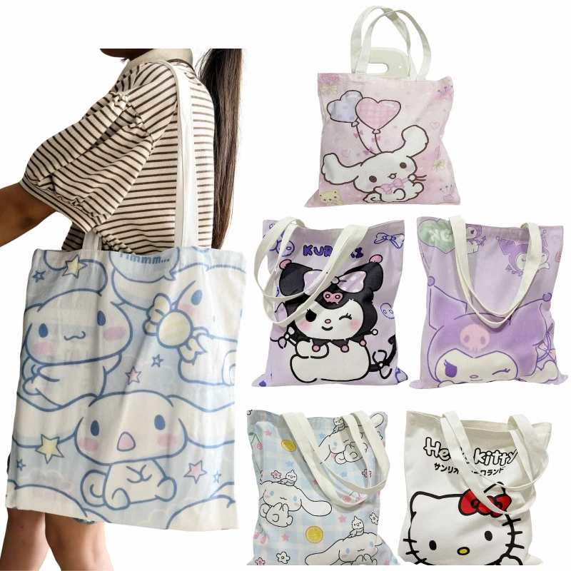 Kuromi Hellokitty Borsa in tela con stampa fronte-retro Borse a tracolla da donna Borsa per la spesa casual di grande capacità Borsa per tutoring