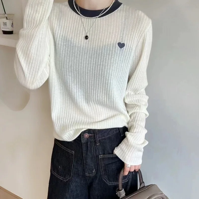 Fashion love embroidery matching color round neck cashmere sweater women\'s spring and autumn loose casual sweater wool base