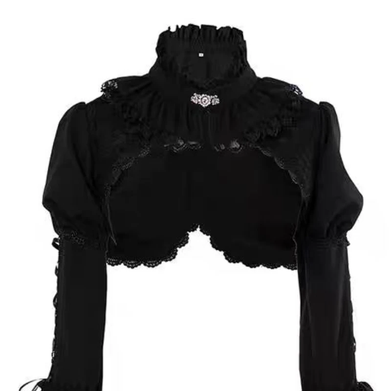 เสื้อคลุมสไตล์โกธิคญี่ปุ่น Y2K โลลิต้า เสื้อคาร์ดิแกนผู้หญิง แขนพองหลวมๆ แต่งลูกไม้สีดำ เสื้อครอปฮาราจูกุ พังก์ เสื้อคลุม