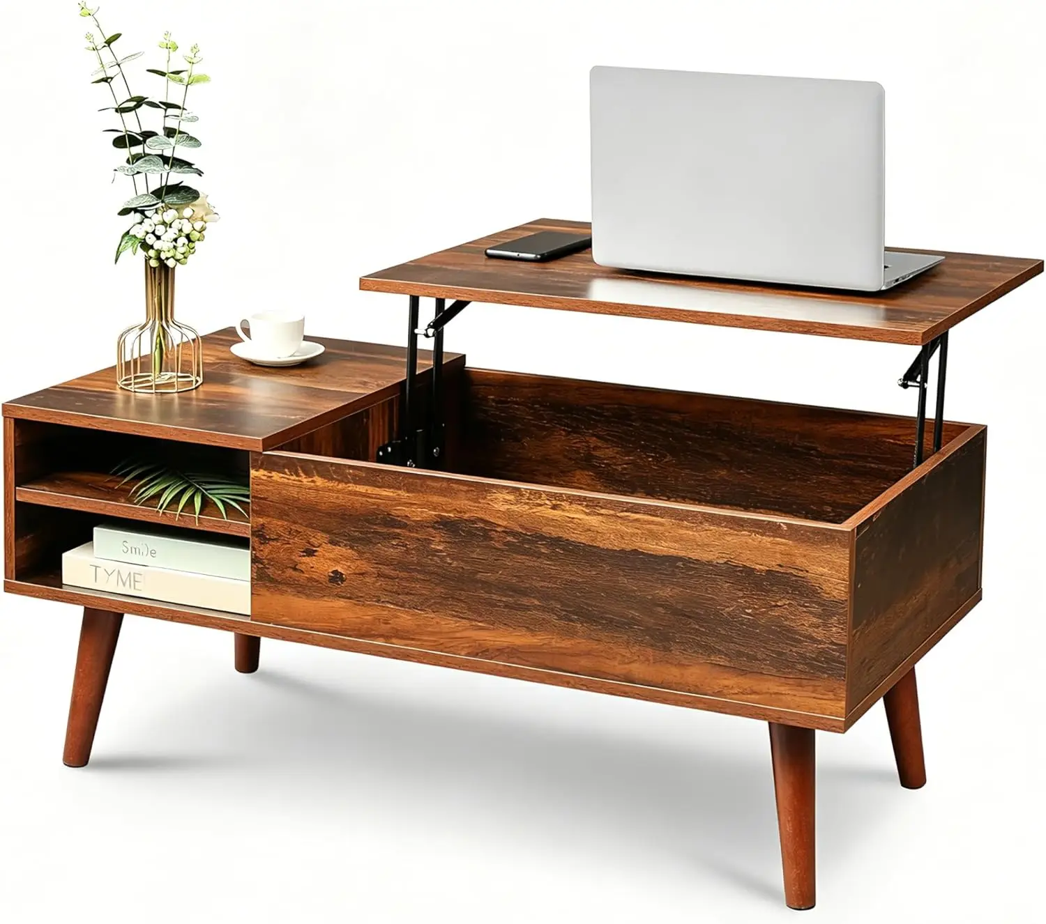 

Table with Lifting Top, Hidden Storage & Adjustable Shelf for Living Room Small Space, Multifunctional Rising Wooden Center Tabl