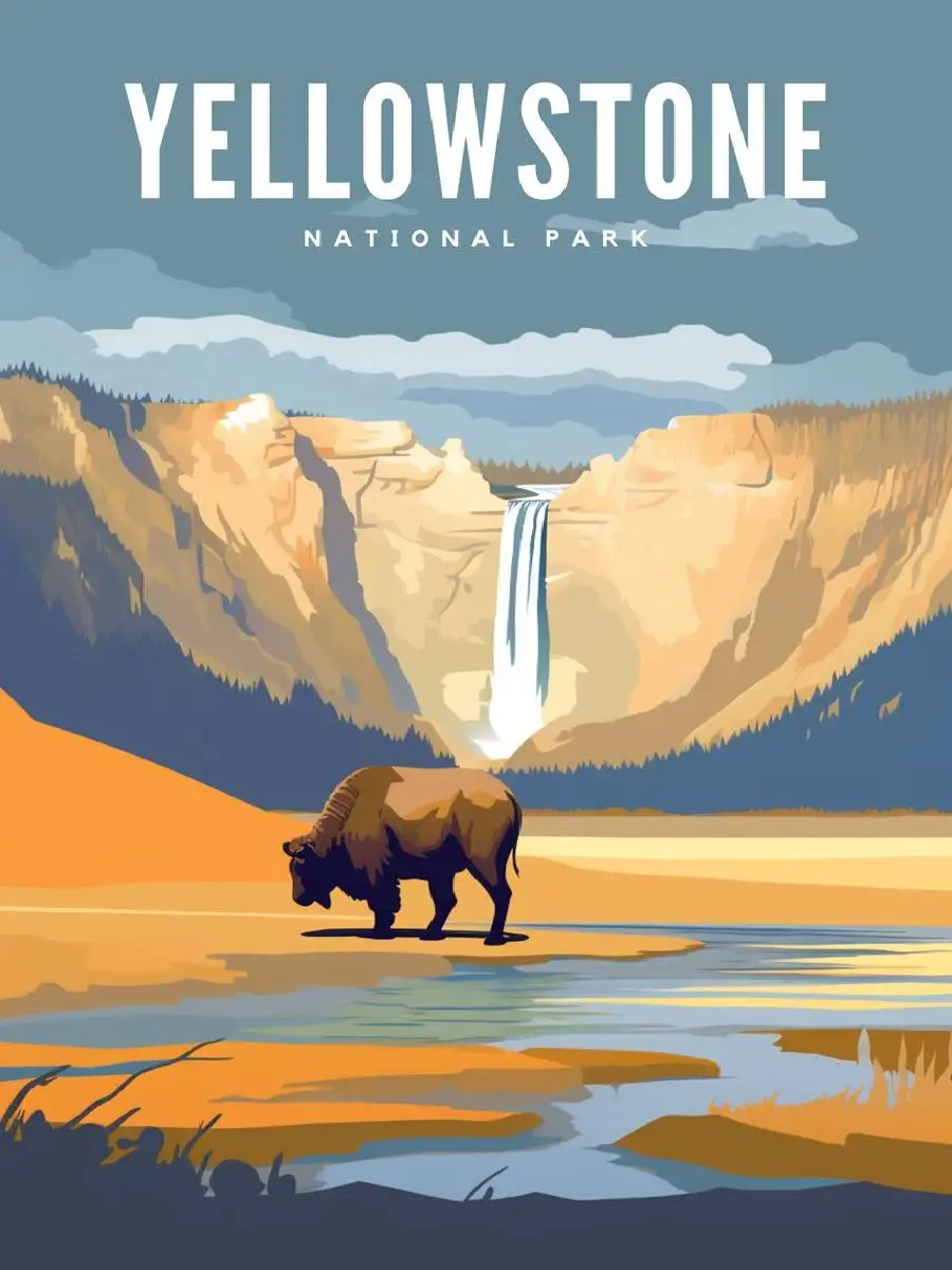 Yellowstone National Park Poster  Scenic Travel Wall Art Print Nature Inspired Home Decor USA Landscapes Collection