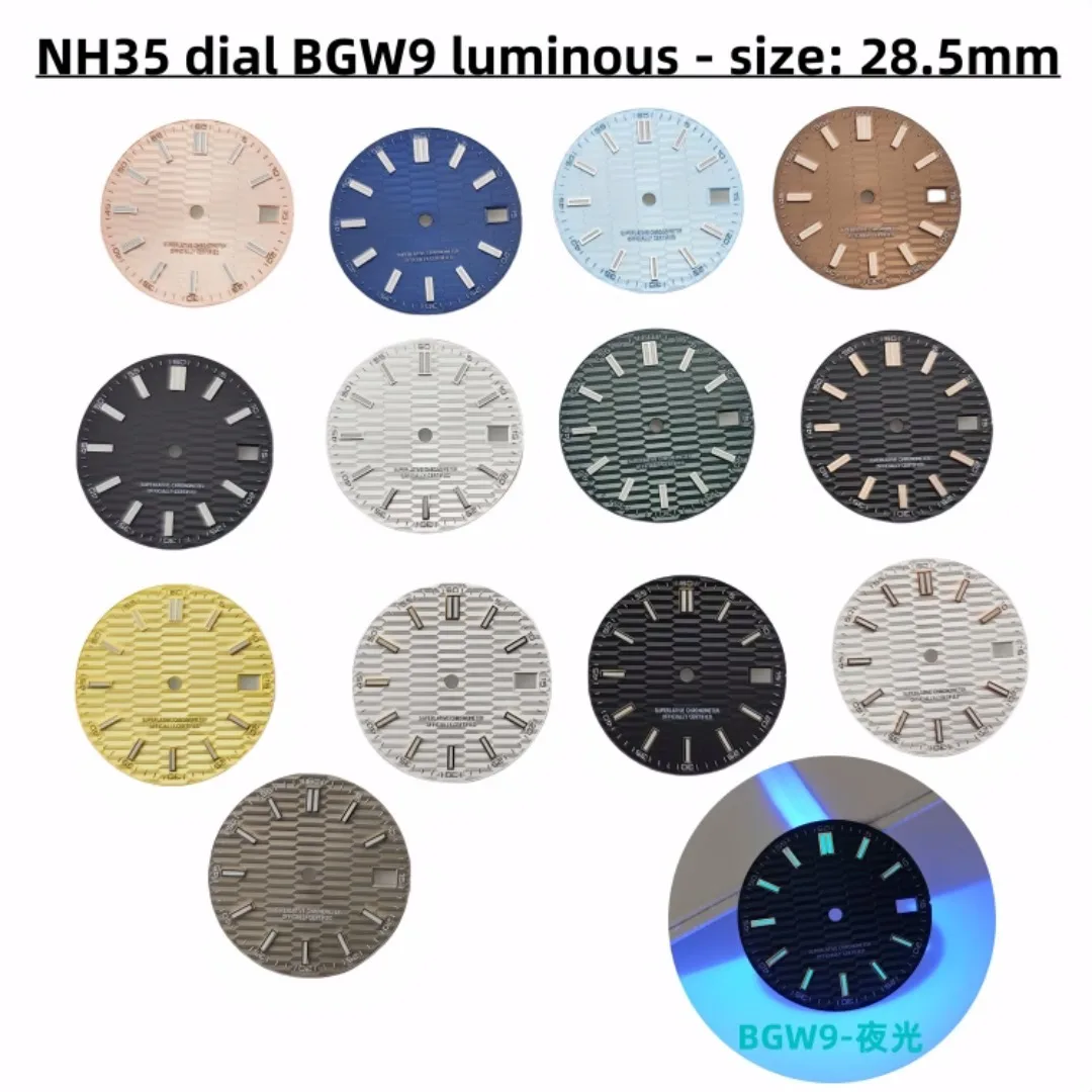 28.5mm Watch Dial Metallic Texture Surface DIY Log Dial BGW9 Blue Green Luminous Watch Faces Watch Accessories for NH35 Movement