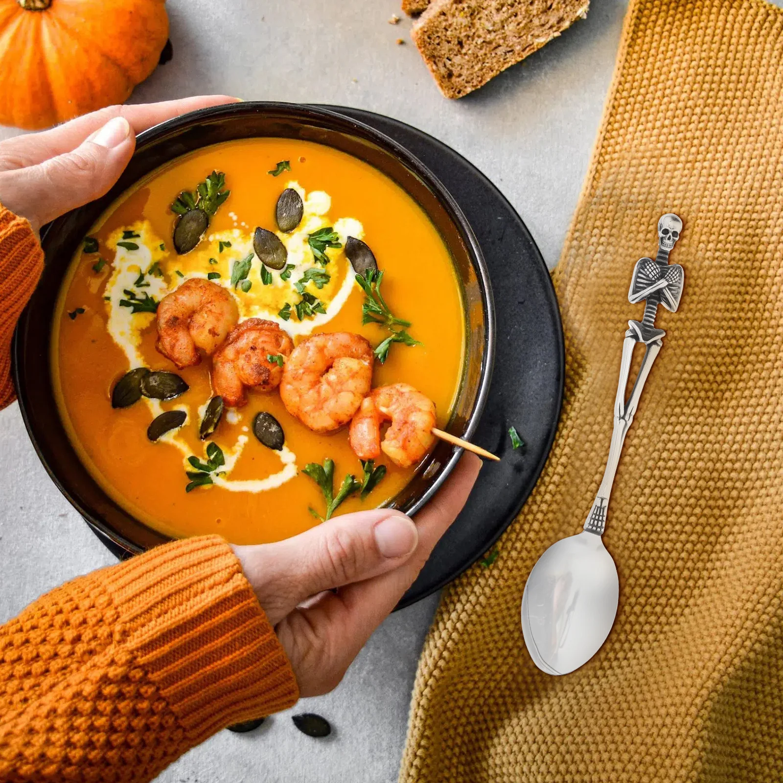 

Retro Spoon Titanium Steel Food Grade Dishwasher Safe Halloween Party Gift Silver Skull Cutlery Tableware