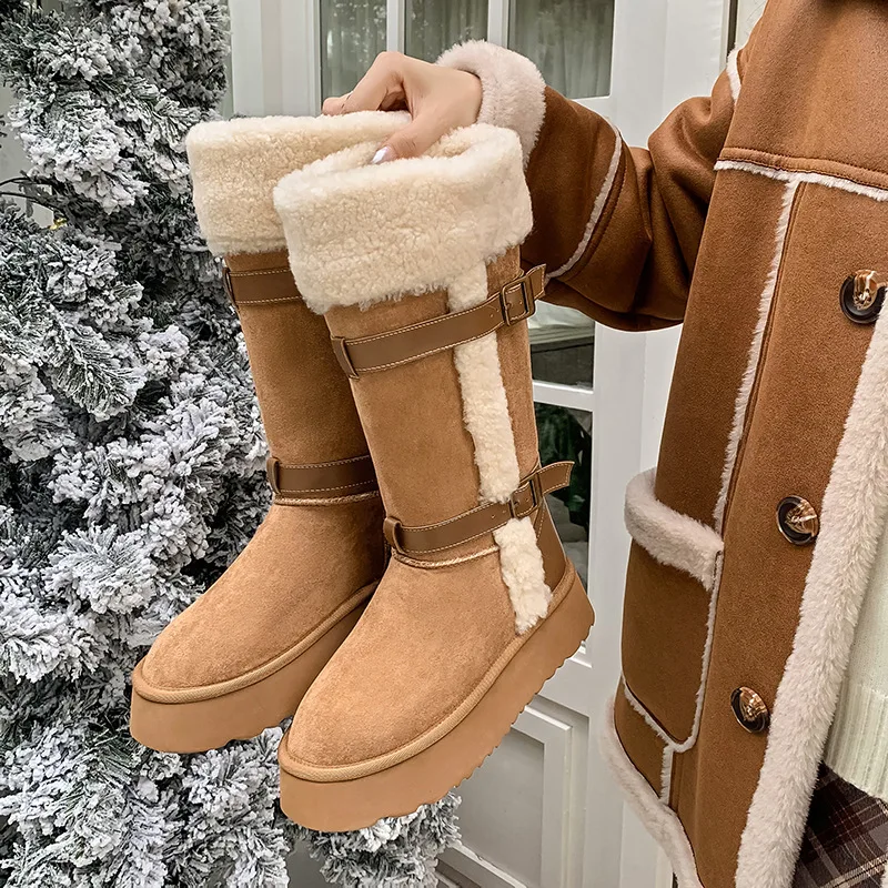 

Arden Furtado 2024 Winter Lambswool Mixed Colors Snow boots Round toe Pull-on Platform Middle heel Belt buckle Mid-Calf boots