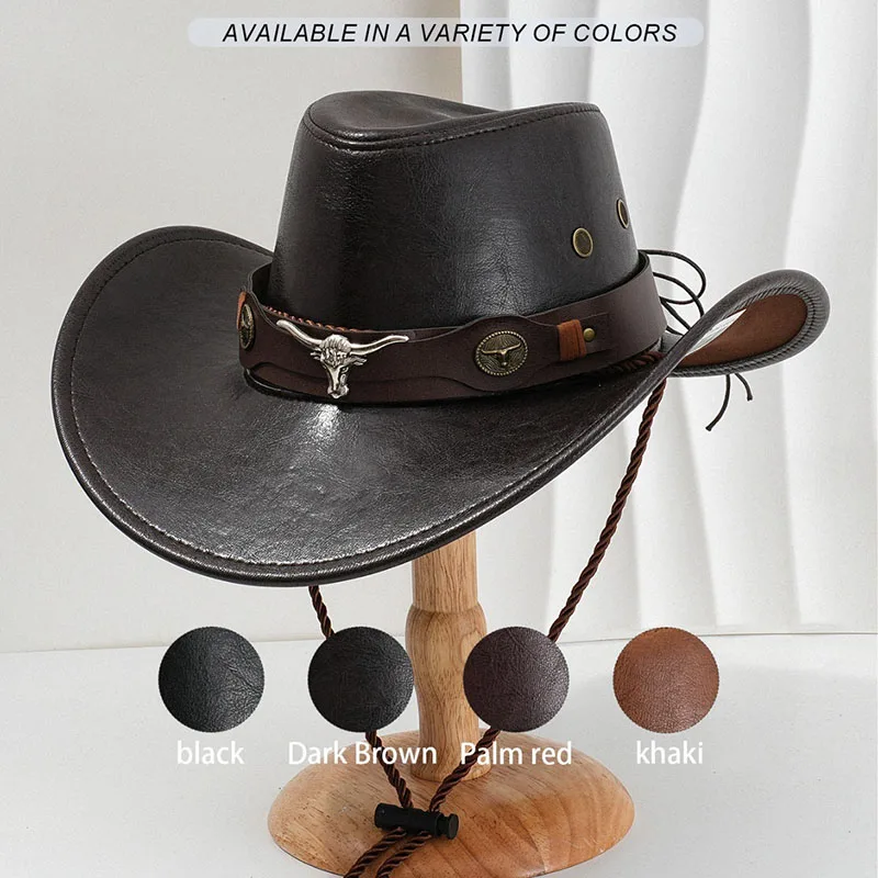 Vintage Faux Leather Classic Wide Brim Cowboy Hat Bullhead Decor Outdoor Sun Shield Hat Men Women Western Style Cowgirl Jazz Cap