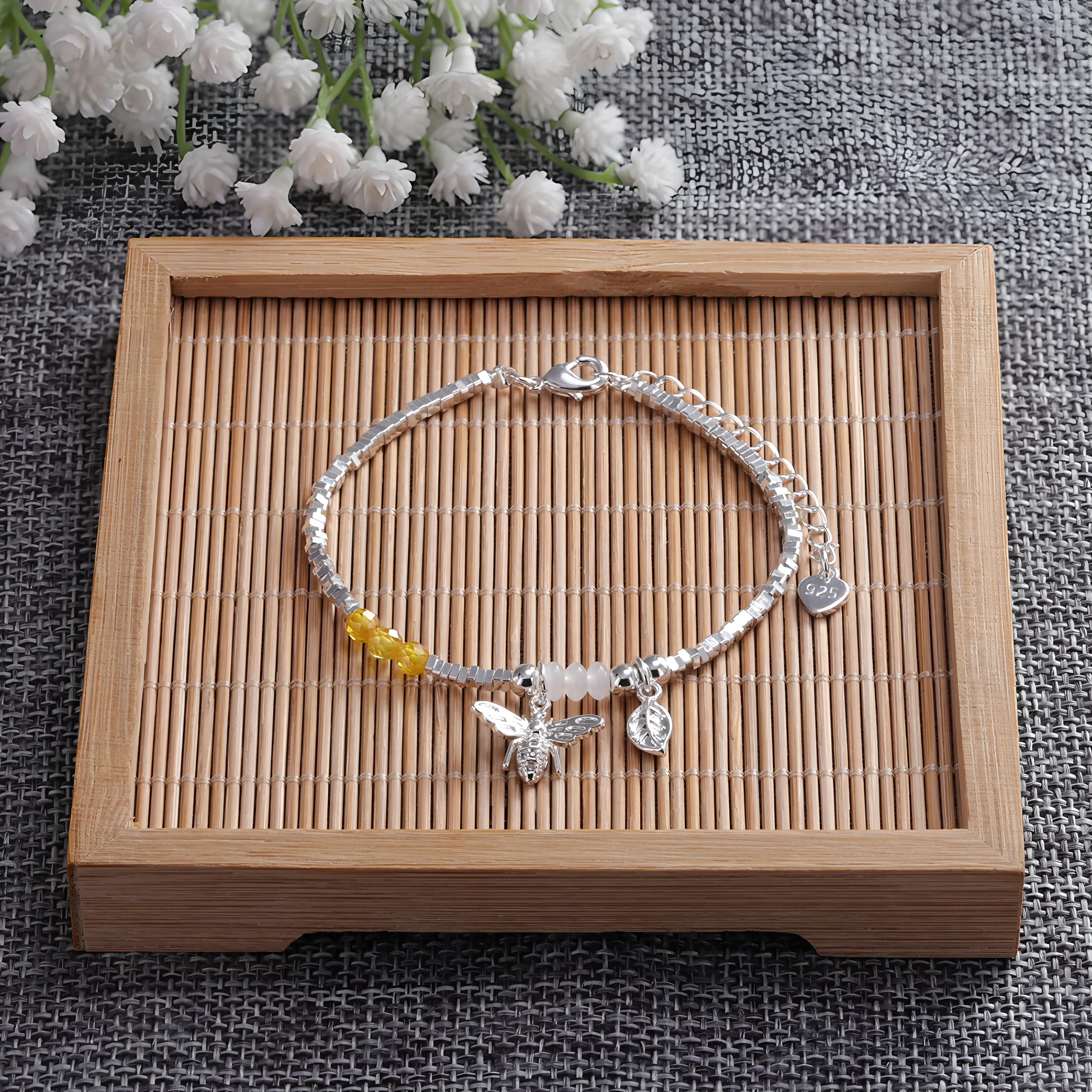 VENTFILLE 925 Sterling Silver 4mm Citrine Zirconia Crushed Silver Bracelet Bee Pendant Jewelry Dropshipping Wholesale