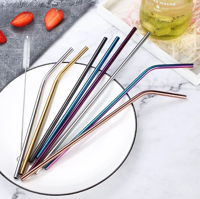 6pcs Metal Reusable 304 Stainless Steel Straws Straight Bent Drinking Straw With Case Cleaning Brush Set Party Bar accessory