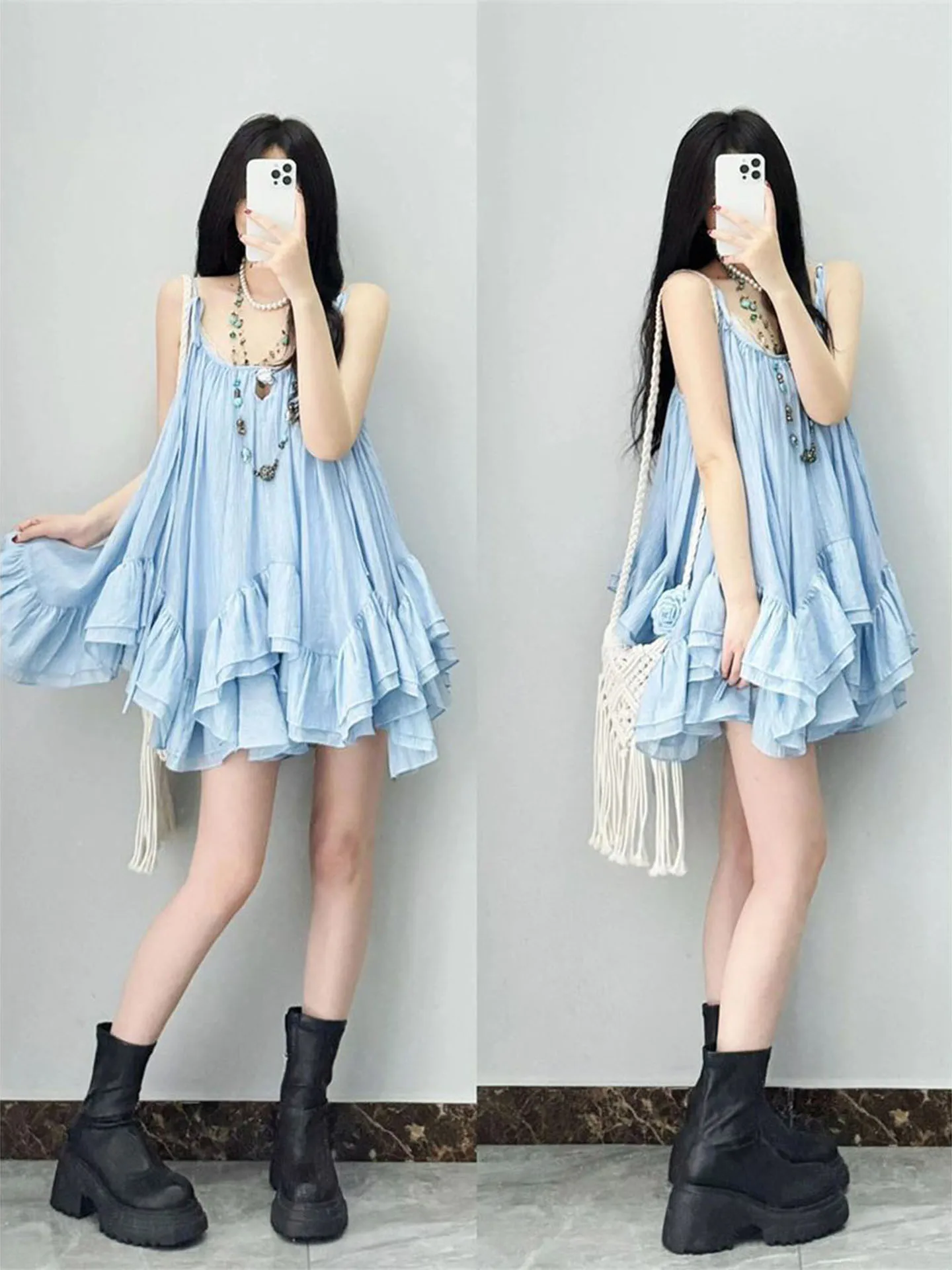 Retro Blue Halter Dress Women's Summer 2026 New Beach Top Fairy Puffy Half Skirt Two-Piece Set Short Sleeve round Neck