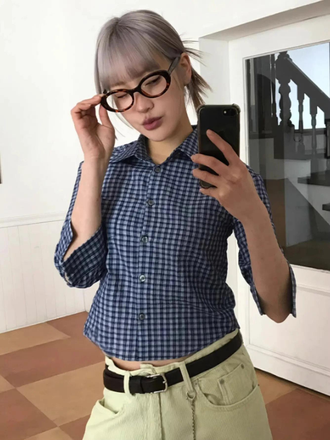 

Женская приталенная рубашка Street Sle Slim Fit с длинным рукавом, воротником, в клетку, с завышенной талией, синяя, премиум-класса