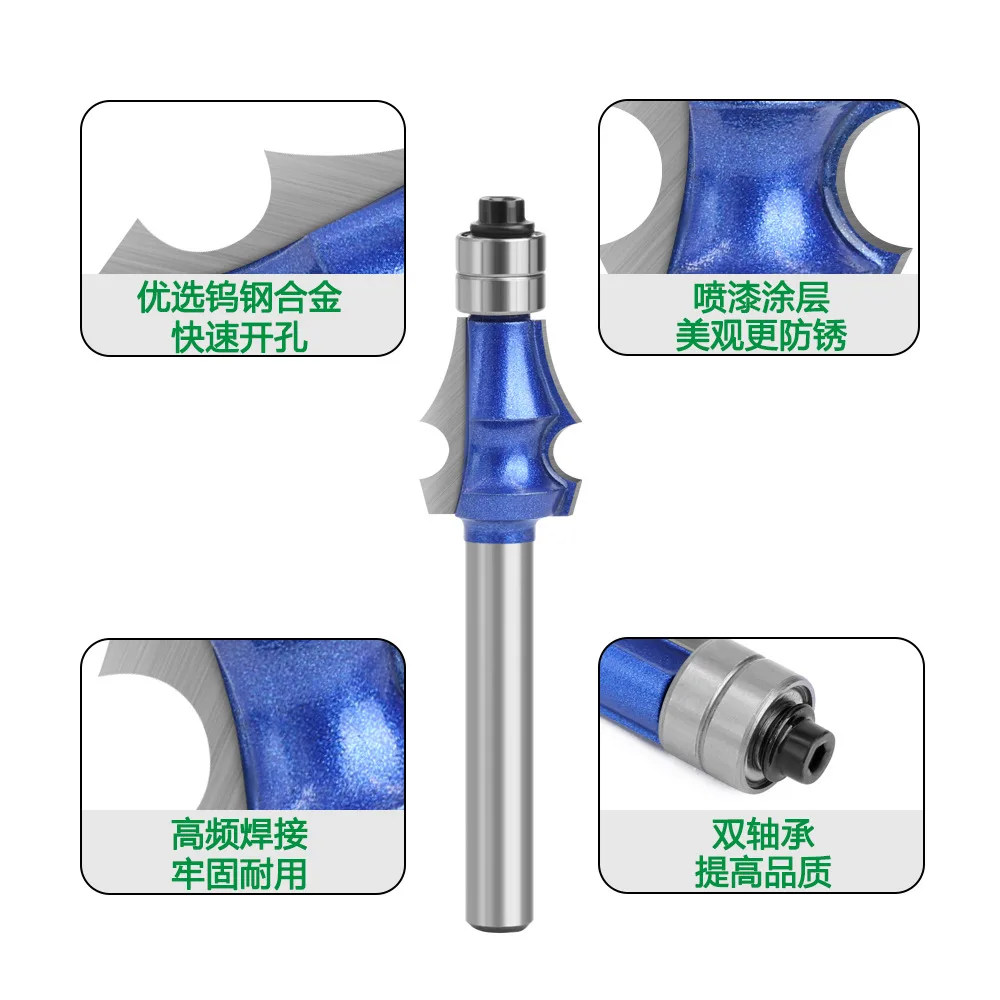 8 Handle Double Bearing Wood Milling Cutter With One Line Professional Grade Flash Silver Blue Ribbon Trimming Head