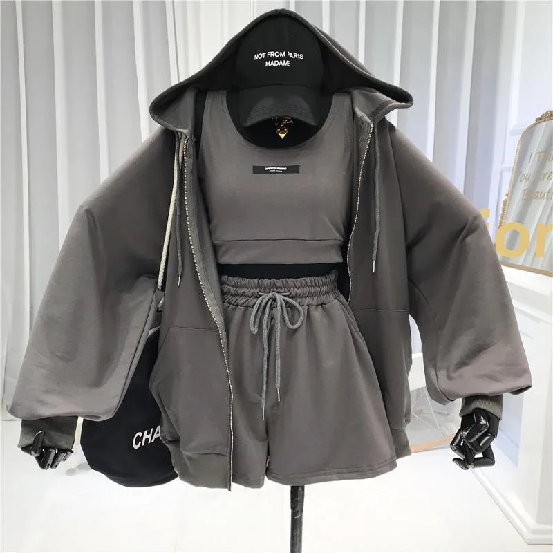 Women 3 Pieces Sports Tracksuit Set Solid Longs Sleeve Hooded Jacket Sleeveless Tanks and Shorts Casual LIghtweight