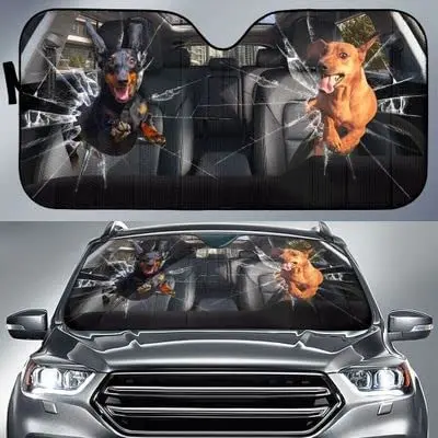 Funny Dachshund Doxies Broken Glass Car Sunshade, Cute Dachshund Kitten Breaking Car Front Window Auto Sun Shade for Doxie Lover