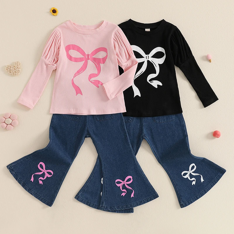 

3-7Years Kids Girls Fall Clothes Sets Fashion Long Sleeve Bow Print T-shirt and Elasticband Denim Flare Pants 2Pieces Outfits