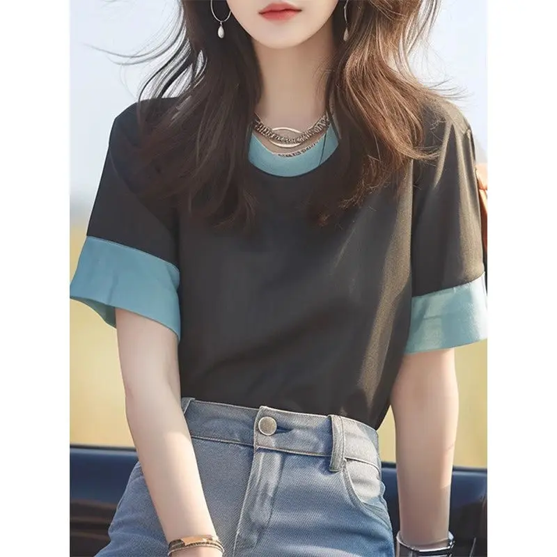 Summer contrasting color stitching solid color short-sleeved T shirt for women cute fresh casual commuting versatile top ins y2k