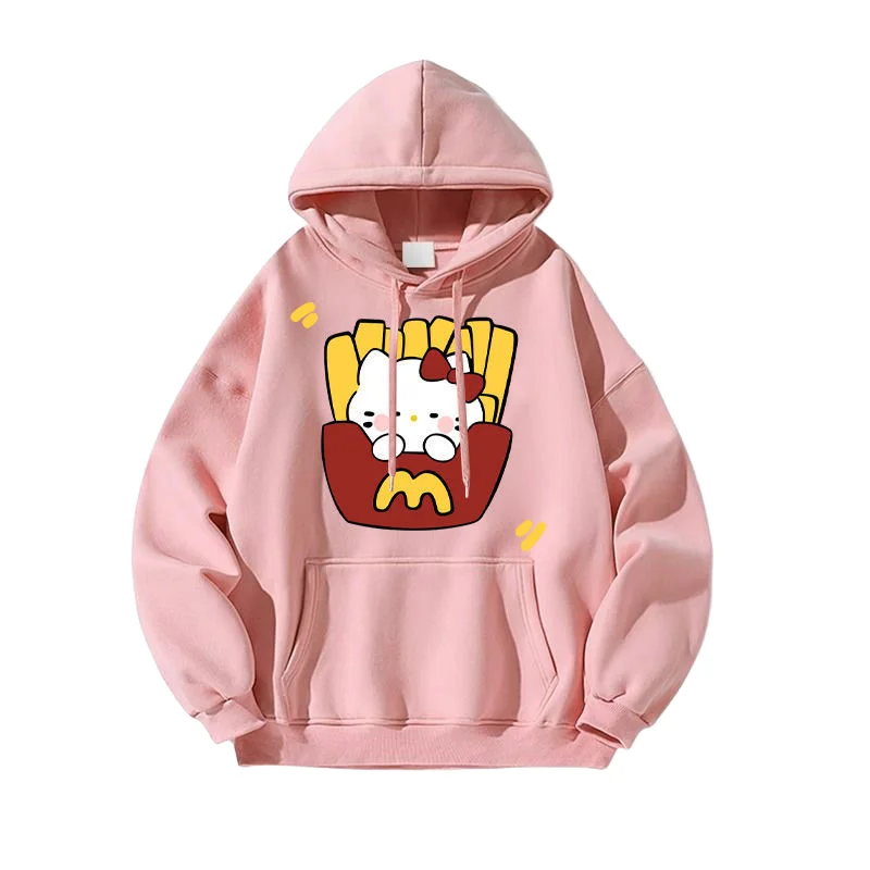 

Толстовка с капюшоном Hello Kitty с картофелем фри, розовая толстовка большого размера, новый эстетический повседневный пуловер унисекс Y2K, мягкий удобный топ с капюшоном Kawai