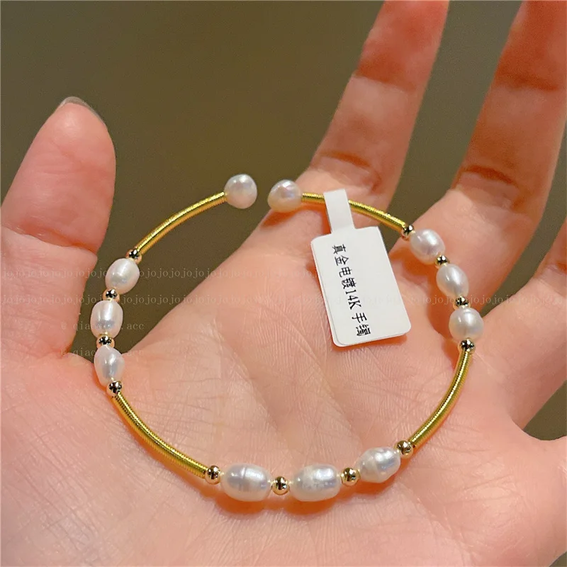 White Simulated Pearl Bangle For Women Girl Gold Color Small Adjustable Open Cuff Bracelet Fashion Accessories Gift