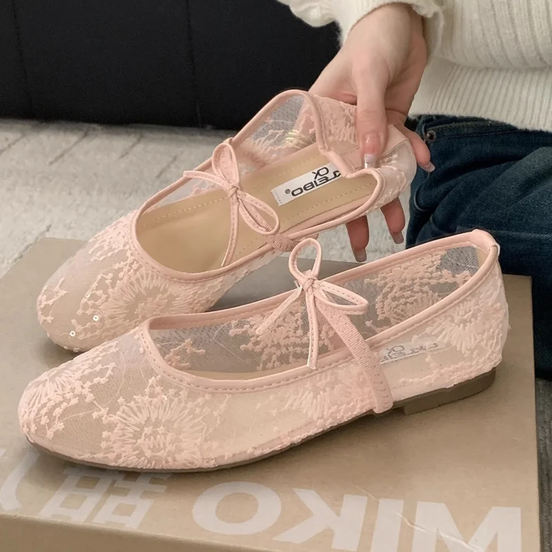 

Flats Women Loafers Shoes Mesh Lace Elegant Sandals Fashion Dress Lolita Woman Shoes Trend Designer Femme Zapatillas