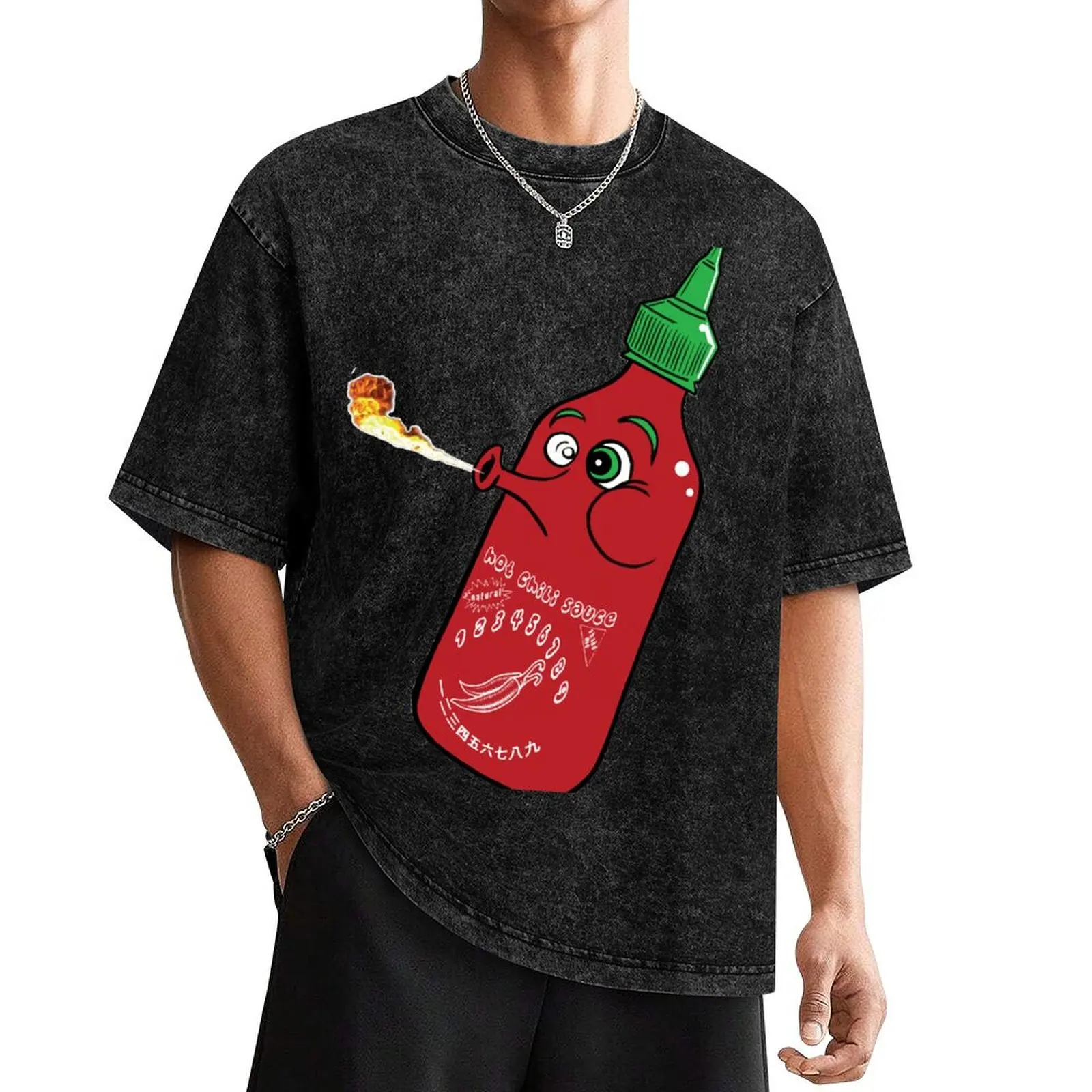 Sriracha Hot Chili Sauce ABC's of Groceries Cartoon T-Shirt anime stuff baggy shirts mens plain t shirts