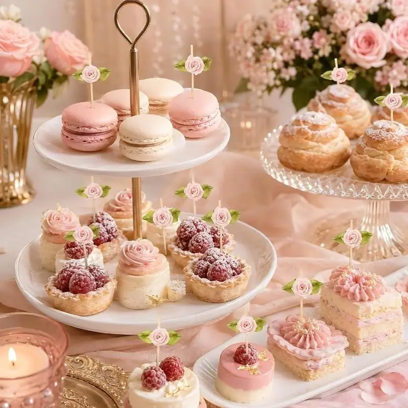 100 Stück Rosen-Bambusstäbchen mit Blättern, rot, blau, weiß, Obstgabeln, Cocktail-Rührstäbchen, Geburtstags-, Hochzeits- und Partydekoration – Detail 14