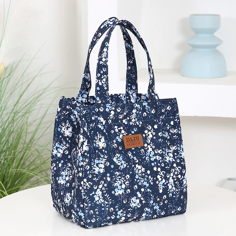 Brand new floral-printed handbag with a zipper semi-closed work lunch box bag with aluminum foil insulation inside