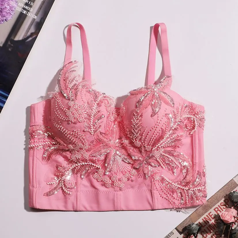 European Style Fashion Underwear Bra Sexy Beaded Sequins Luxury Camisole Top Female Slim Stage Performance Clothing Y1154