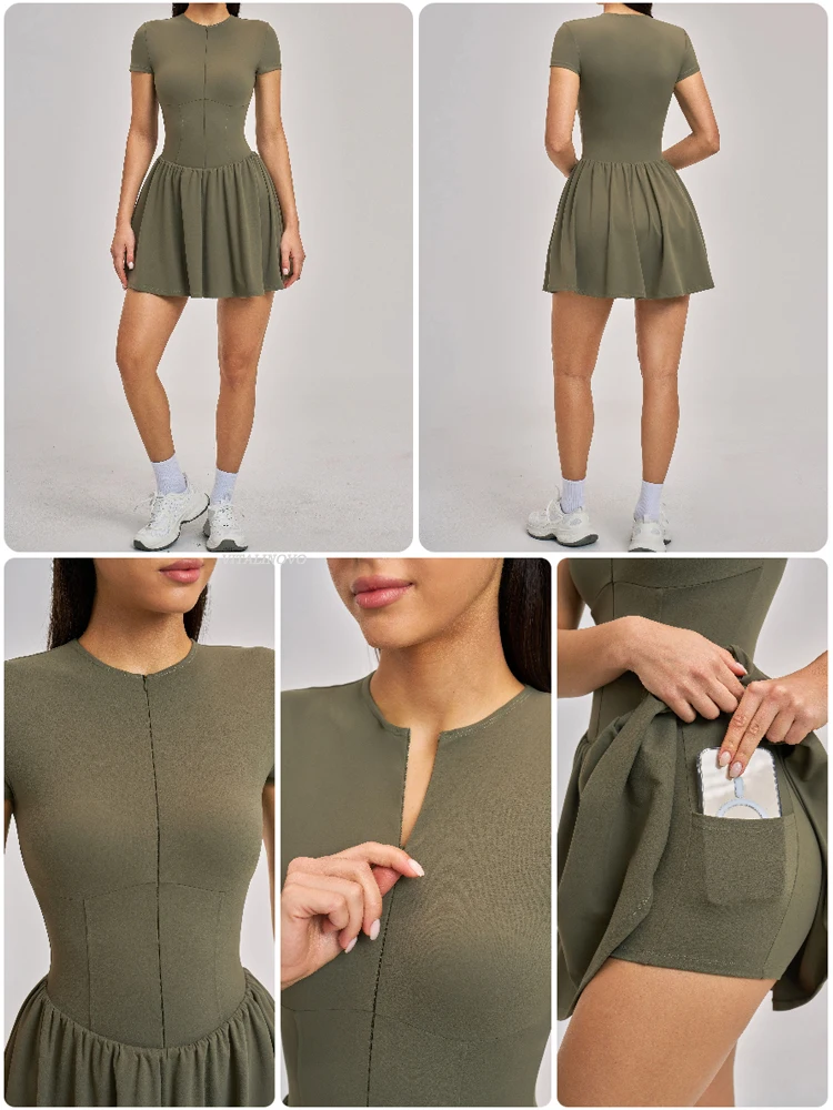 VITALINOVO Damen-Tenniskleid mit Reißverschluss vorne, Rundhalsausschnitt, fließend, plissiert, ärmellos, Mini-Golf-Sportkleid mit Shorts-Tasche – Detail 6