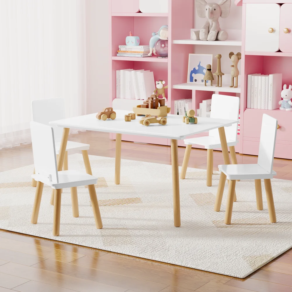 Orraves Kids Table and 4 Chairs Set, 5 Pieces Toddler Table and Chair Set, Wooden Activity Play Table Set (White)