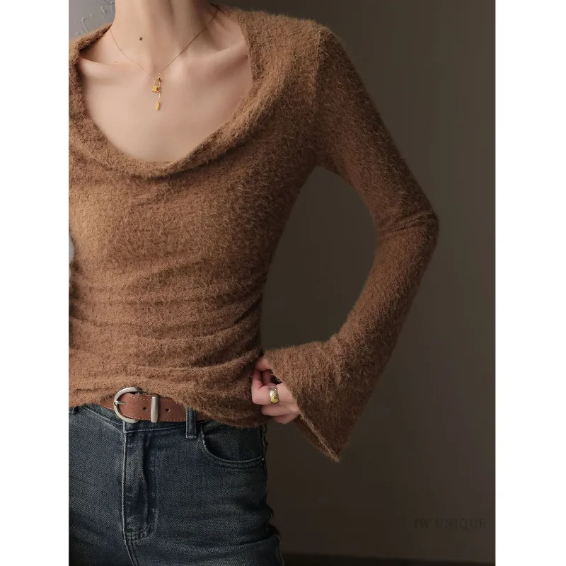 Women's Brown Fuzzy Long Sleeve Top Cowl Neck Slim Fit Knit Blouse