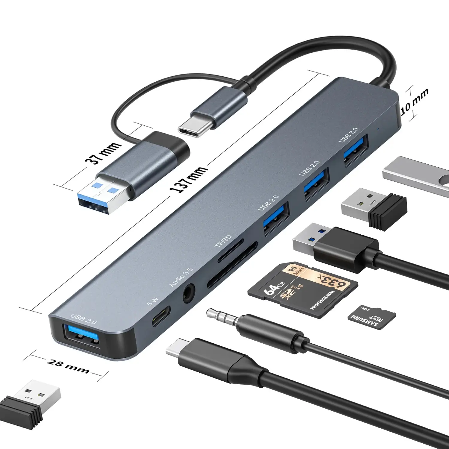 USB-C-Hub USB 3.0, mit 1 x USB 3.0, 3 x USB 2.0 und 1 x USB-C, SD/TF-Kartenleser, 3,5 mm Aux-Anschlüssen, Aluminium, 8-in-1-USB-Splitter