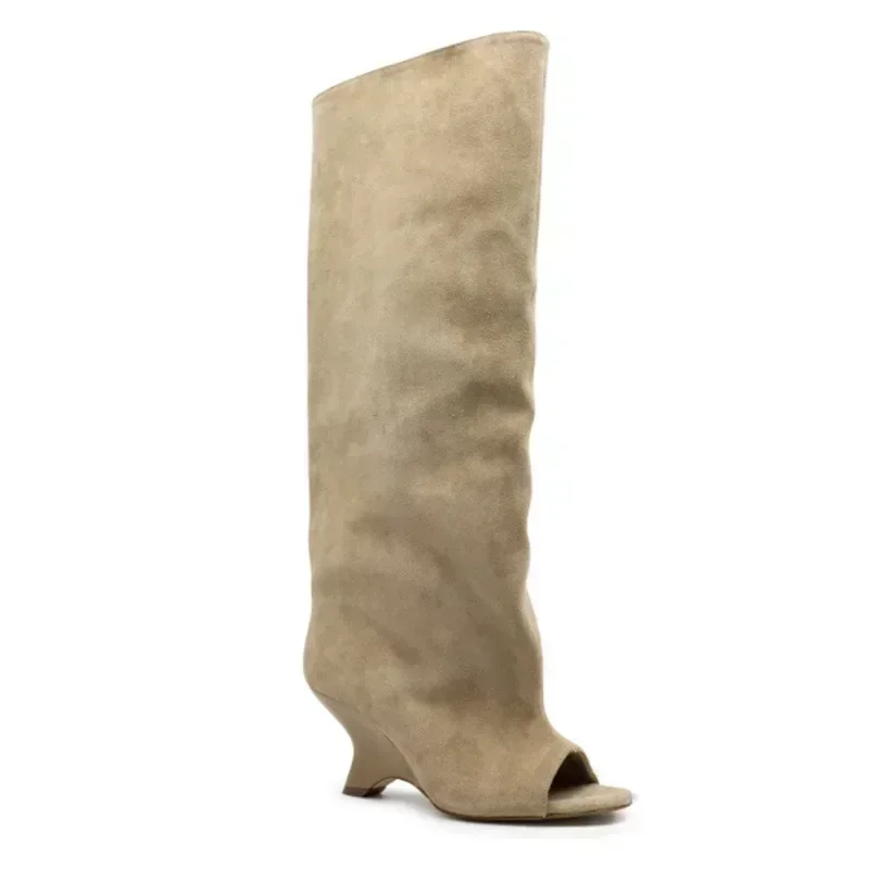 

Women Peep Toe Long Boots for Woman's Round Toe Strange Heels Slip-On Knee High Botas Mujer 2025 Solid Color Diagonal Heel Shoes
