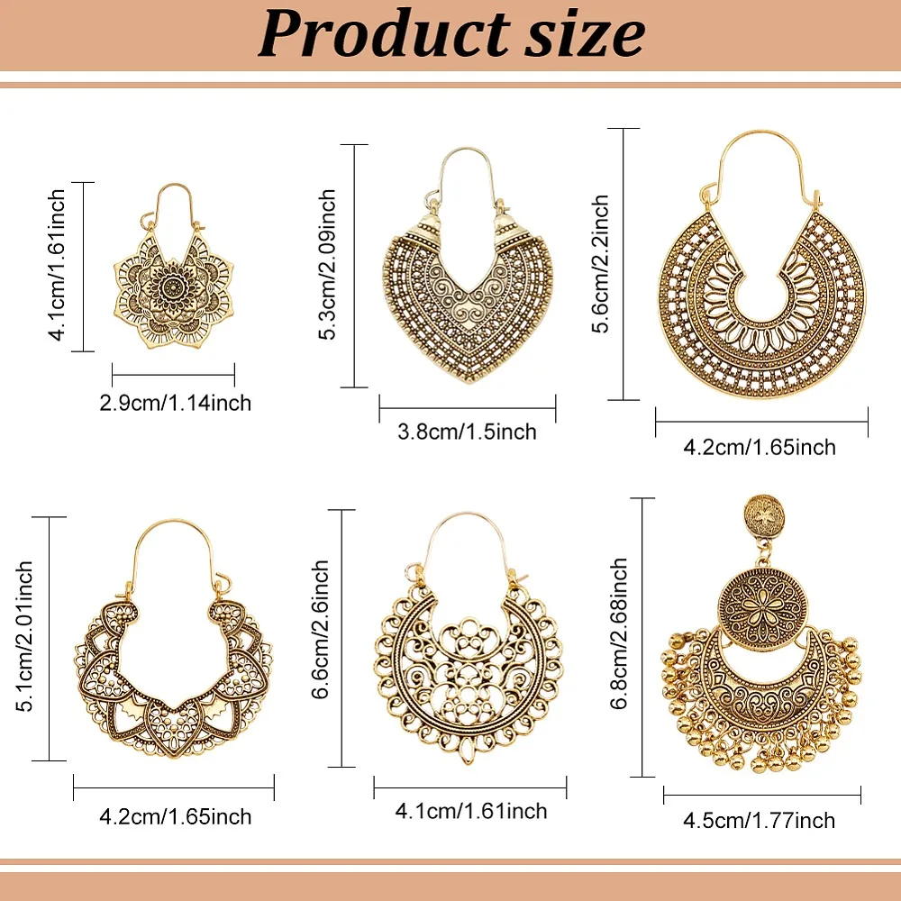 6 Pairs Vintage Bohemian Drop Dangle Earrings for Women Gold Retro Tribal National Style Hollow Earrings Set Petal Heart