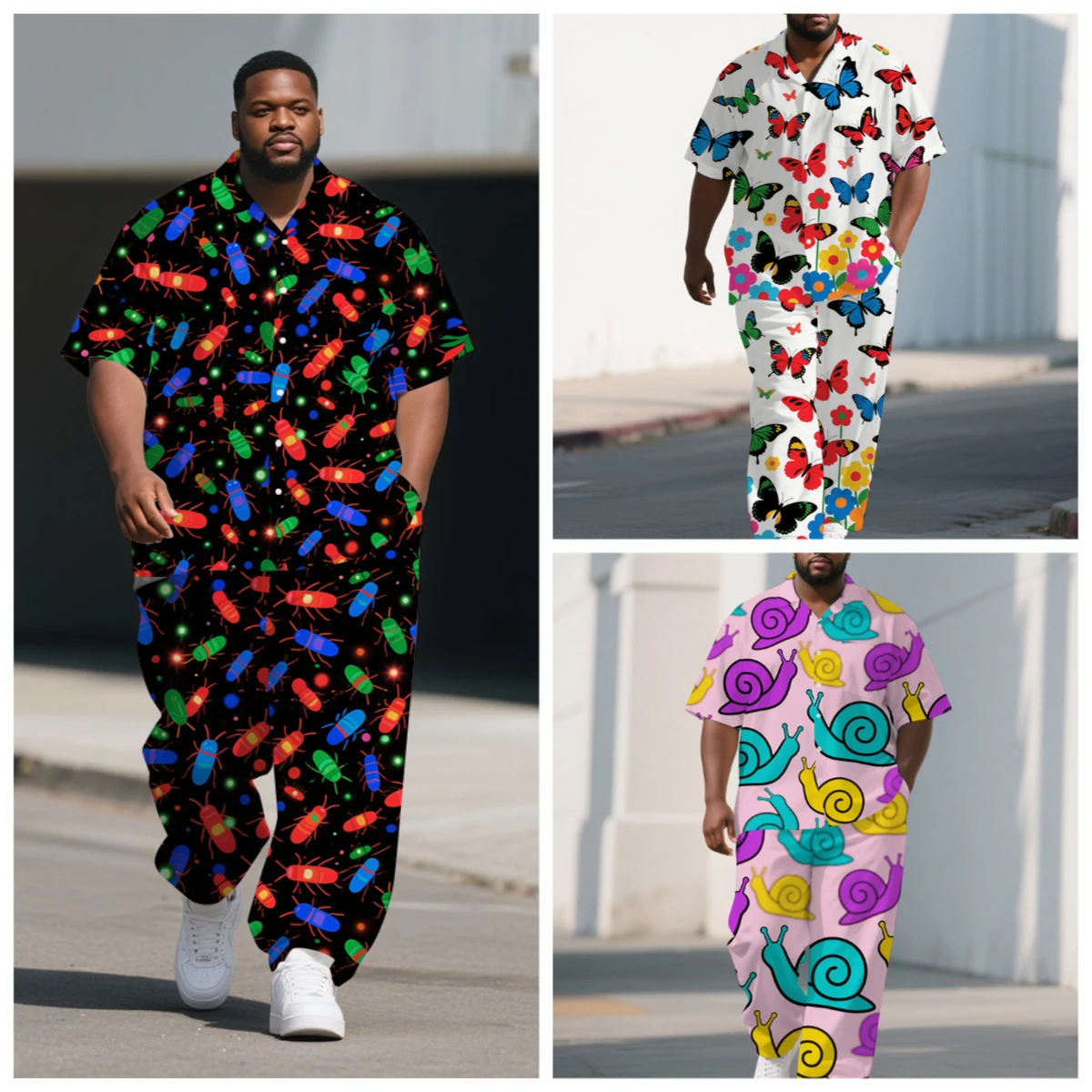 

S-9XL Men's Summer Snail Butterfly Feather Bug Print Oversized Shirt & Pants Set Multi-Design Casual 2-Piece Outfit