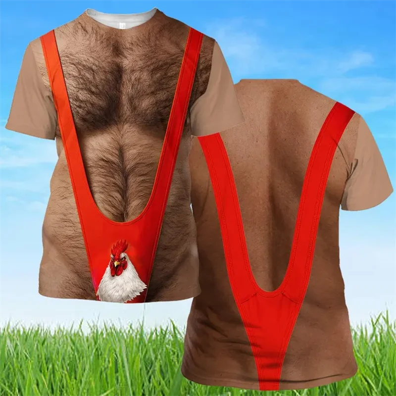 Novelty Male Shirts 3D Printed Funny Body Illusion Bikini Design Short Sleeve Casual T Shirt Summer Holiday Beach Fashion Tops