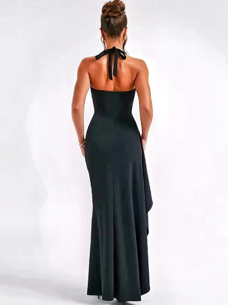 봄 홀터넥 맥시 이브닝 드레스 여름 신상 여성 딥 V넥 레이스업 드레스 패션 섹시 백리스 슬릿 솔리드 포멀 가운