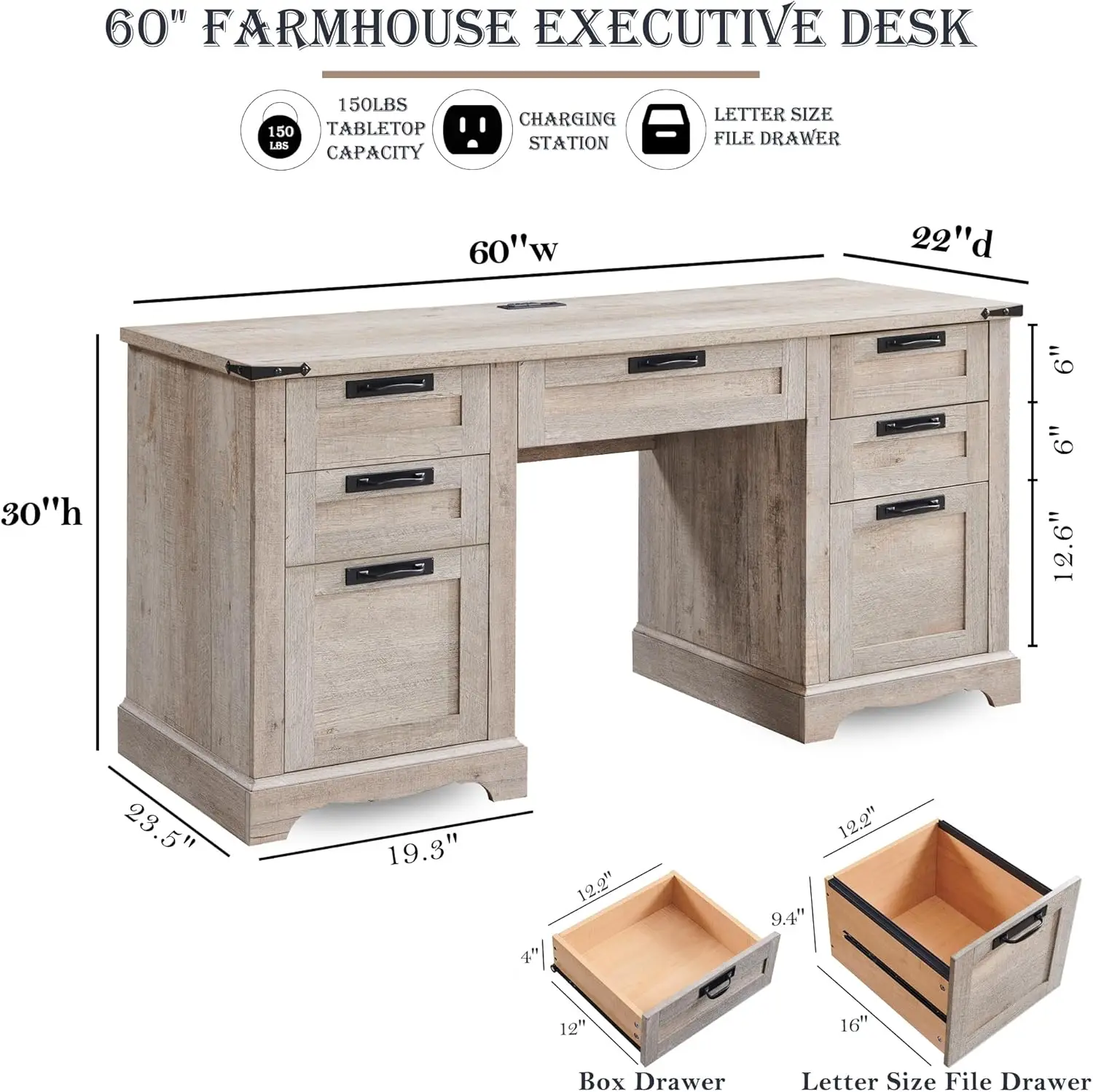 Farmhouse Executive Desk with drawers, wooden home desk with charging station, keyboard tray, file drawer, locker, rustic