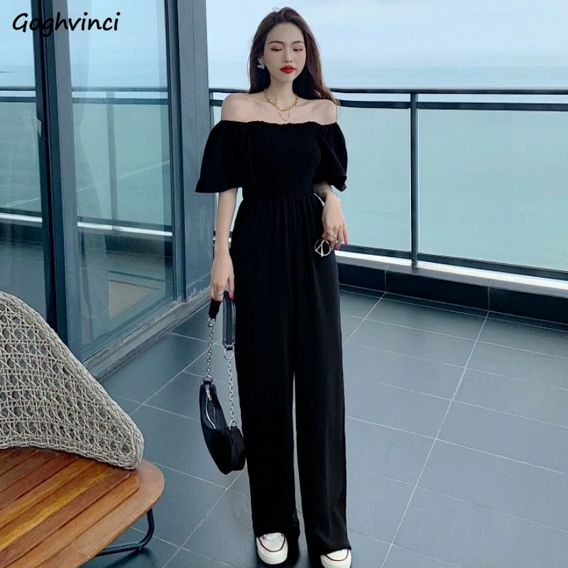 Overalls Frauen Frühling Solide Slash Neck Casual Volle Länge Einfache Breite Bein Koreanischen Stil Stilvolle Klassische Chic Mode Neu Ins