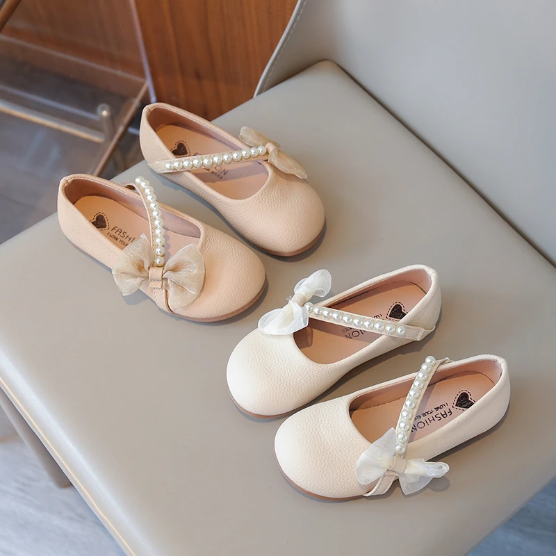 Girls Princess Leather Shoes with Bow-knot Children Lace Beading Flats Shoes Slip-on Kids Mary Janes Shoes for Party Wedding