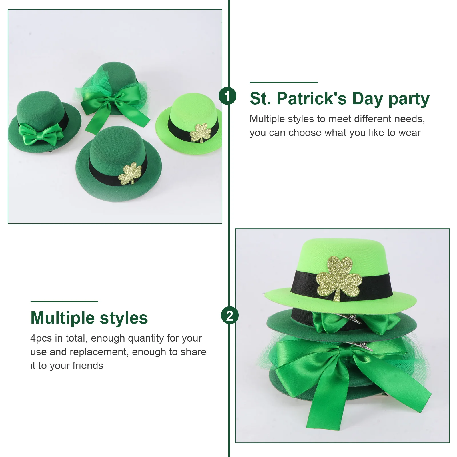 

4pcs Clover Patrick'S Day Headdress Lightweight StPatrick Day Accessories Mini Hat Clips Party Headdress Props